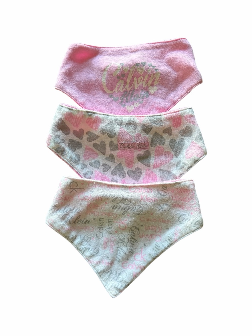 Calvin Klein Pink & White Heart and Script Baby Bandana Bibs - Set of 3